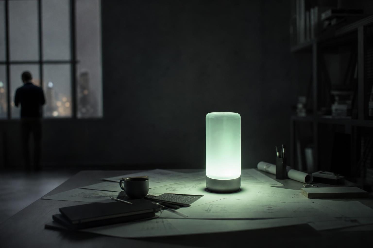 A solitary desk sits in a dimly lit room, with a sleek, futuristic device casting a soft glow on scattered blueprints and a coffee cup, hinting at the promise of transformation and innovation.