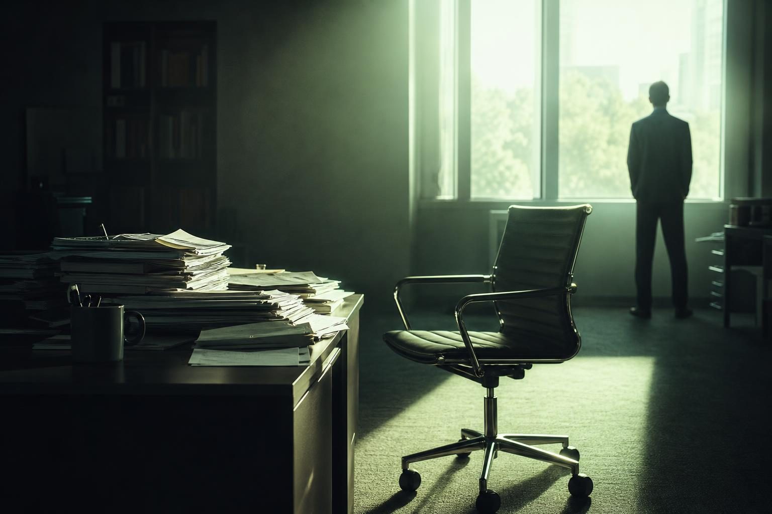 A solitary desk cluttered with an overflowing stack of papers sits next to a sleek, empty chair facing a bright window, where sunlight streams in, illuminating a digital clock that ticks quietly in the background.