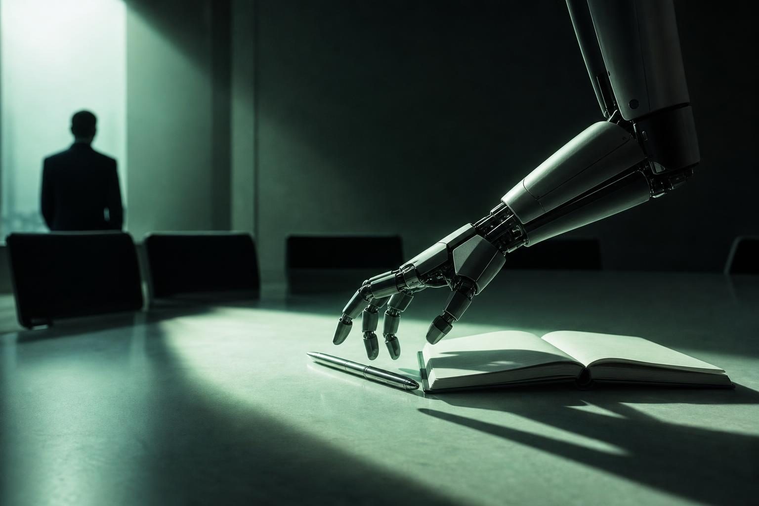 A single, sleek robot arm extends over a polished conference table, poised to grasp a shiny, metallic pen resting beside an open notebook, casting a long shadow that stretches across the surface.