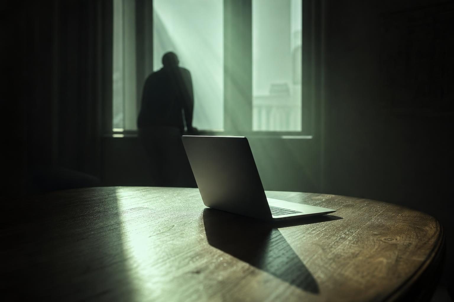 A solitary laptop sits open on a polished wooden table, beams of sunlight illuminating the sleek device as a faint silhouette leans over it, absorbed in a world of digital possibilities.