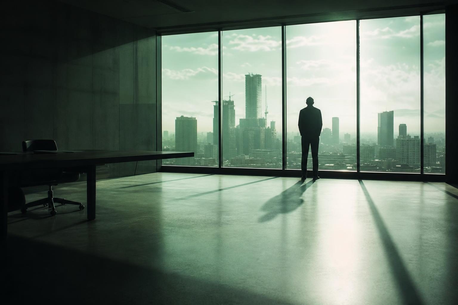 A sunlit office space with large windows overlooks a bustling cityscape, where a solitary silhouette stands gazing out, contemplating the vibrant opportunities that lie beyond.