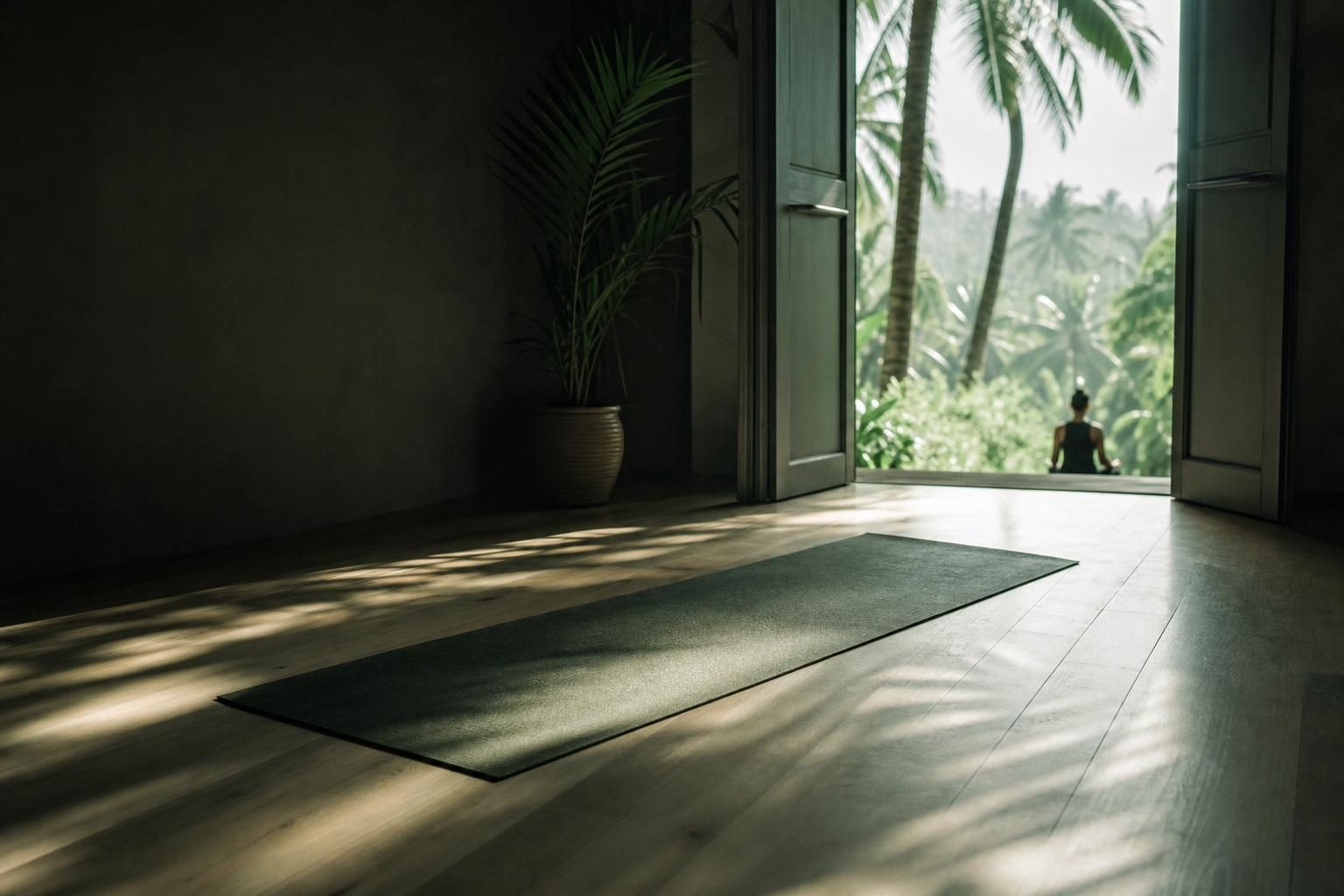 A solitary yoga mat lies on a sunlit wooden floor, surrounded by the tranquil greenery of palm trees visible through an open door, inviting a sense of rejuvenation and growth.