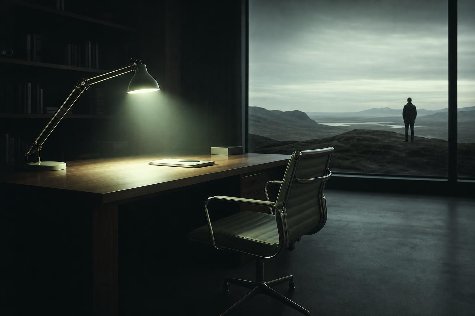 A lone office chair sits at a polished wooden desk, illuminated by the soft glow of a desk lamp, while a window reveals a vast expanse of untouched landscape beyond, symbolizing the potential for growth and transformation.