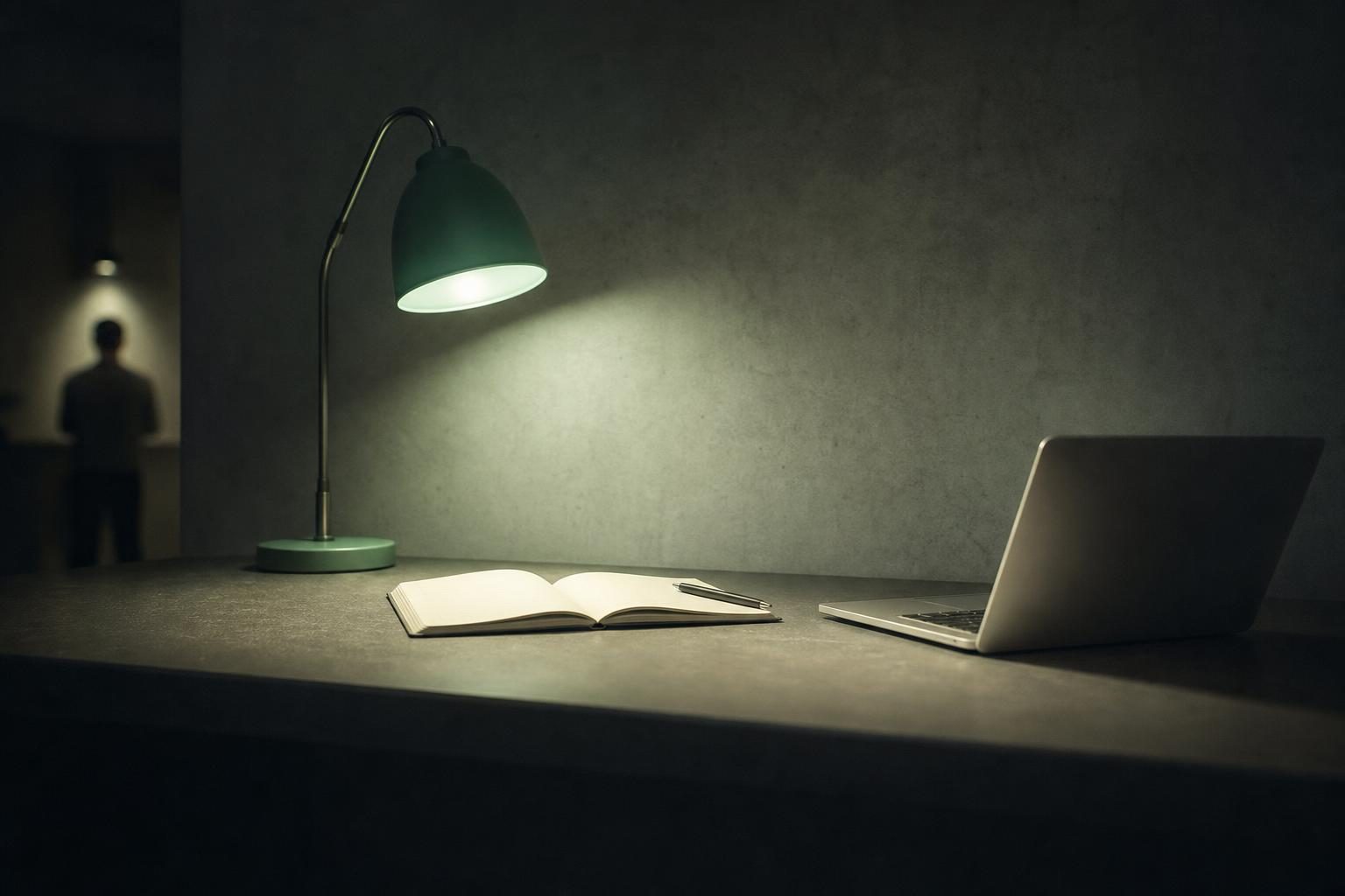 A solitary desk lamp casts a warm glow on a blank notebook, with a sleek, idle laptop reflecting the soft light, symbolizing the potential of technology waiting to spark creativity.