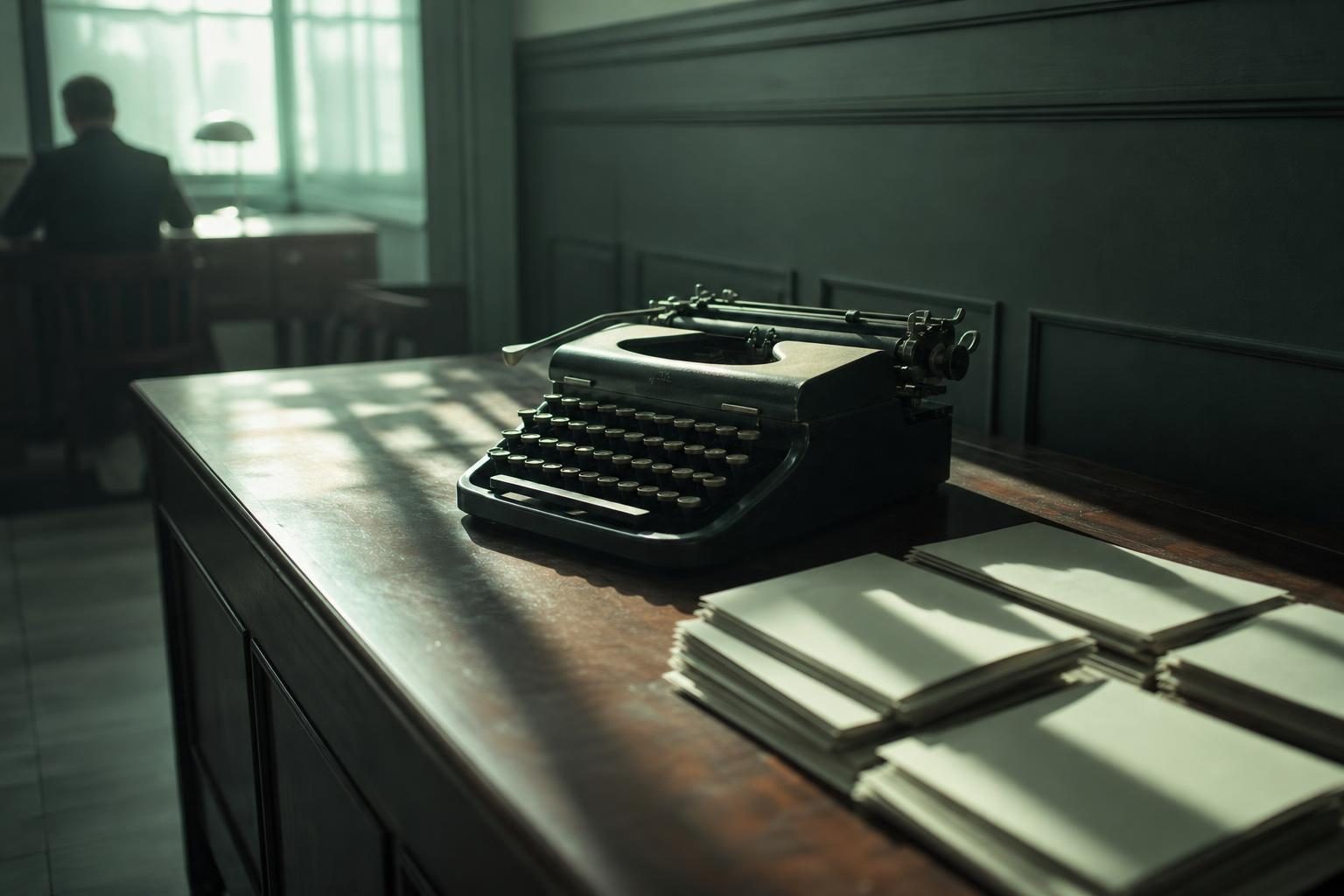 A solitary vintage typewriter sits on a polished wooden desk, sunlight streaming through a nearby window, casting long shadows that stretch across neatly stacked envelopes waiting to be filled.