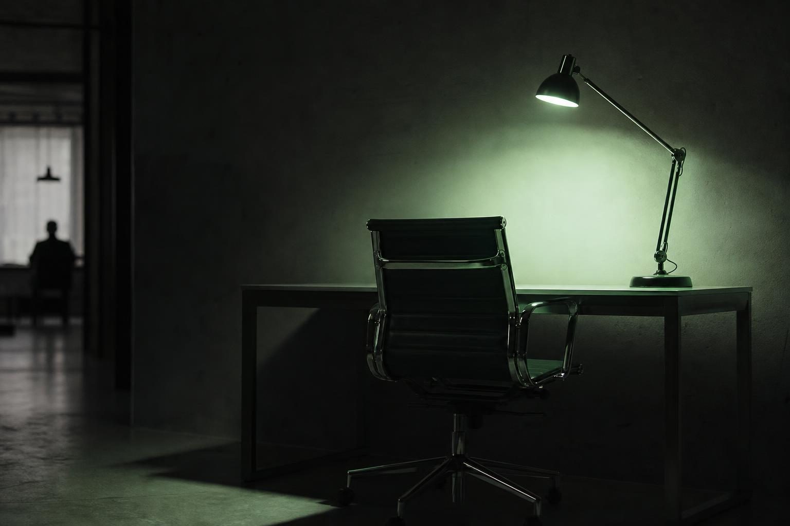 A solitary, dust-free workspace with a sleek, modern desk lamp casting a warm glow on an empty chair, symbolizing the promise of streamlined efficiency and innovation waiting to be embraced.
