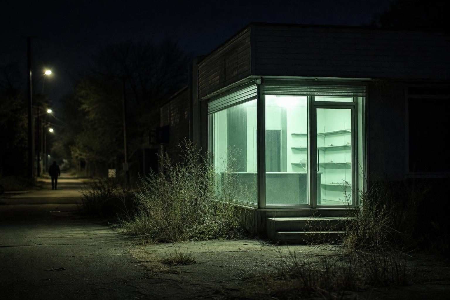 A solitary shopfront with a vibrant open sign glowing in the dusk, framed by overgrown weeds and dim streetlights illuminating the empty sidewalk, symbolizing the struggle for attention in a crowded marketplace.