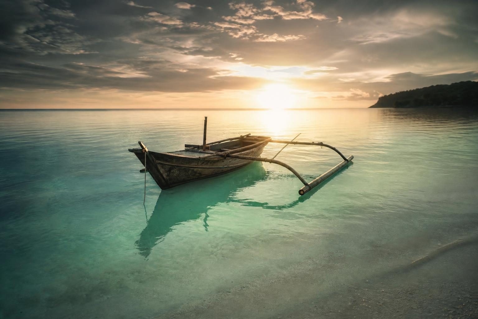 A lone wooden boat rests gently on the still, turquoise waters of a serene Balinese beach, its bow pointed toward the horizon where the sun dips low, casting a warm golden light that beckons new opportunities.