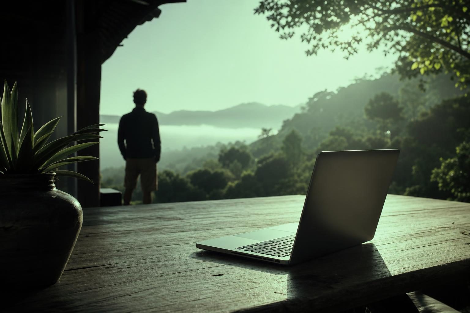 A sun-drenched terrace overlooking a lush tropical landscape, where a single, elegantly designed laptop sits open on a wooden table, a distant silhouette of a person gazing thoughtfully at the horizon.