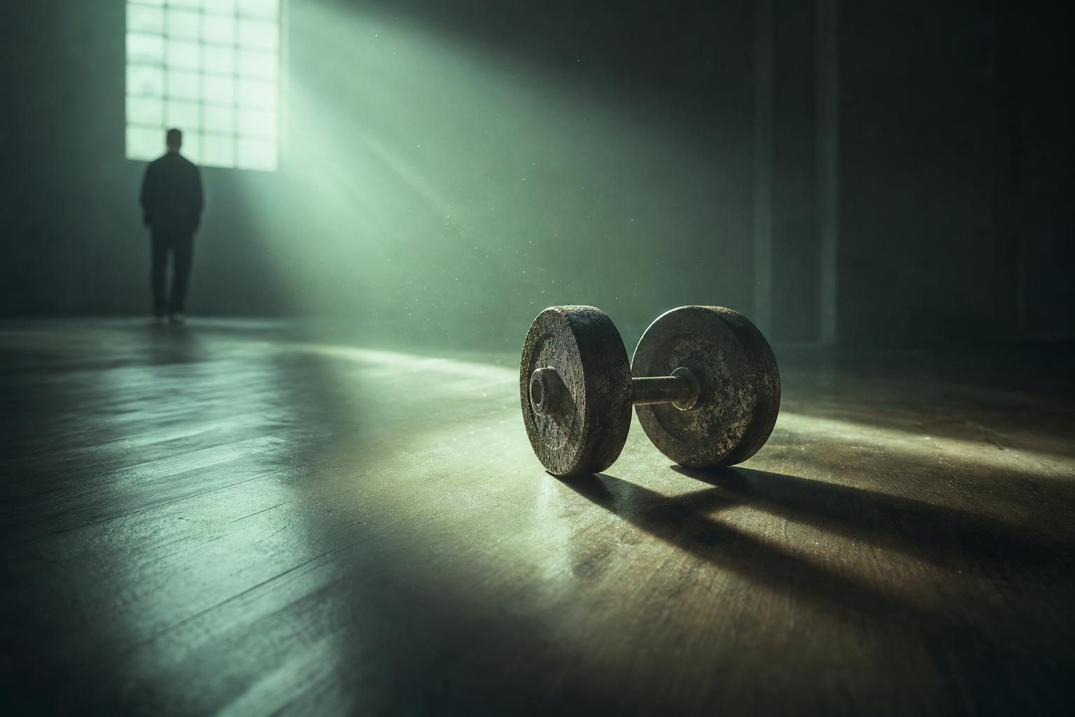 A lone, rusted gym weight lies abandoned on a polished hardwood floor, with sunlight streaming through a high window, illuminating dust particles that float slowly in the air.