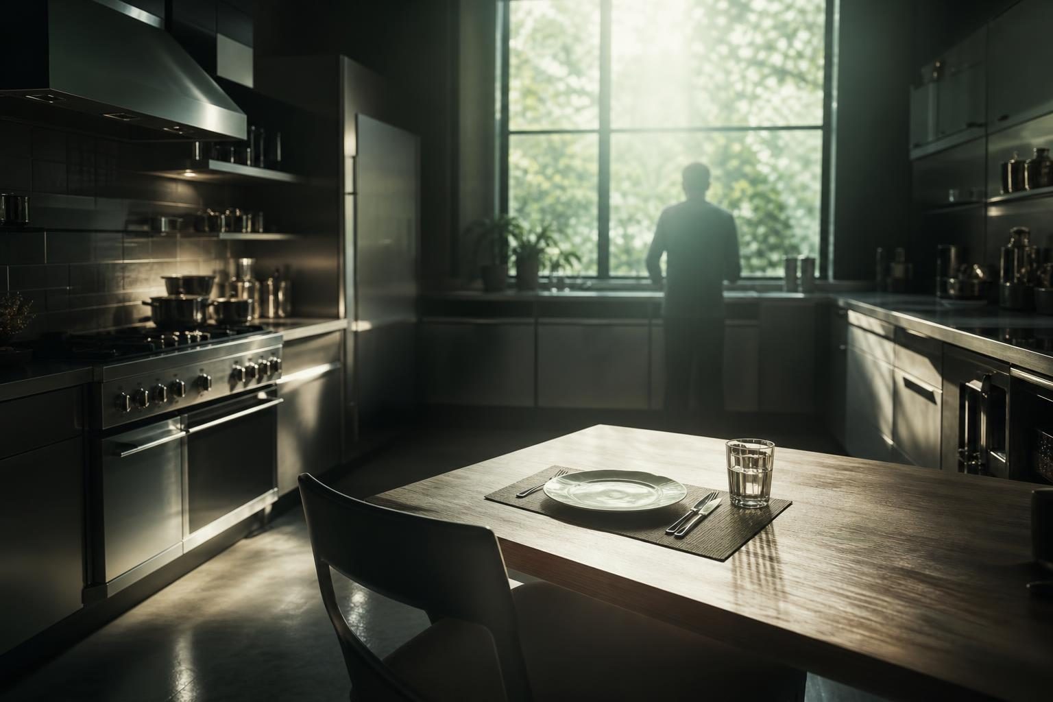 A gleaming kitchen filled with stainless steel appliances stands ready for action, sunlight streaming through a large window, illuminating an empty table set for a single diner, symbolizing potential and the promise of productivity.