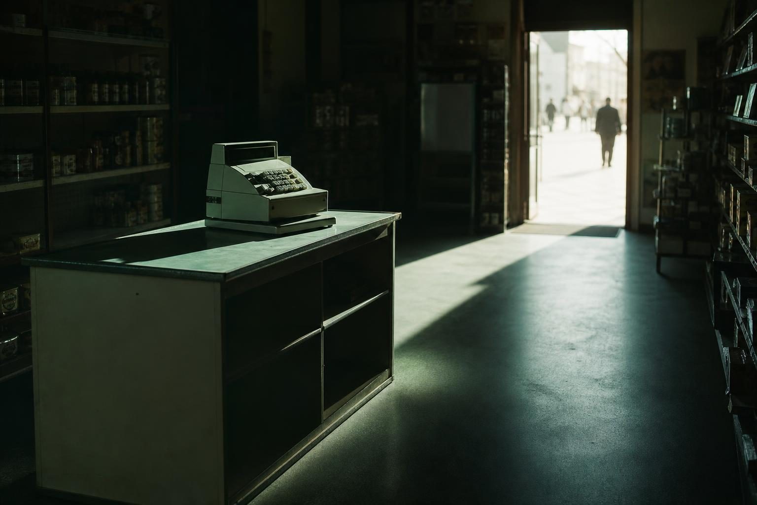 A solitary cash register sits in a dimly lit retail store, surrounded by neatly organized shelves, casting a long shadow that stretches toward an open door hinting at a bright, bustling world outside.
