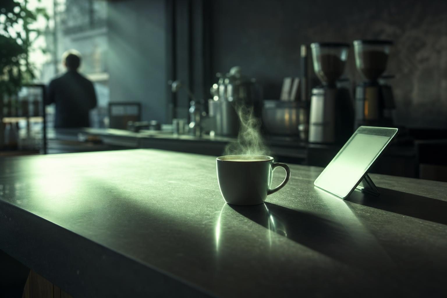 A sleek, modern coffee shop counter with a single, steaming cup of coffee sitting on a polished surface, while a soft glow from a nearby tablet reflects the promise of technology in the air.