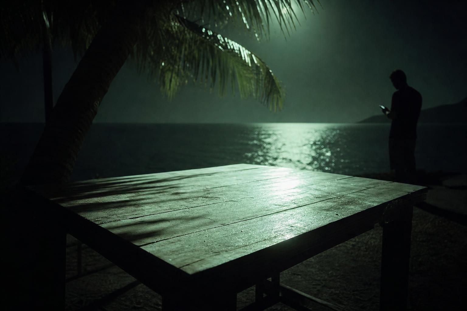 A single, weathered wooden table sits under a lush palm tree, its surface reflecting shimmering sunlight as a distant silhouette leans in to check messages on a vintage mobile phone.