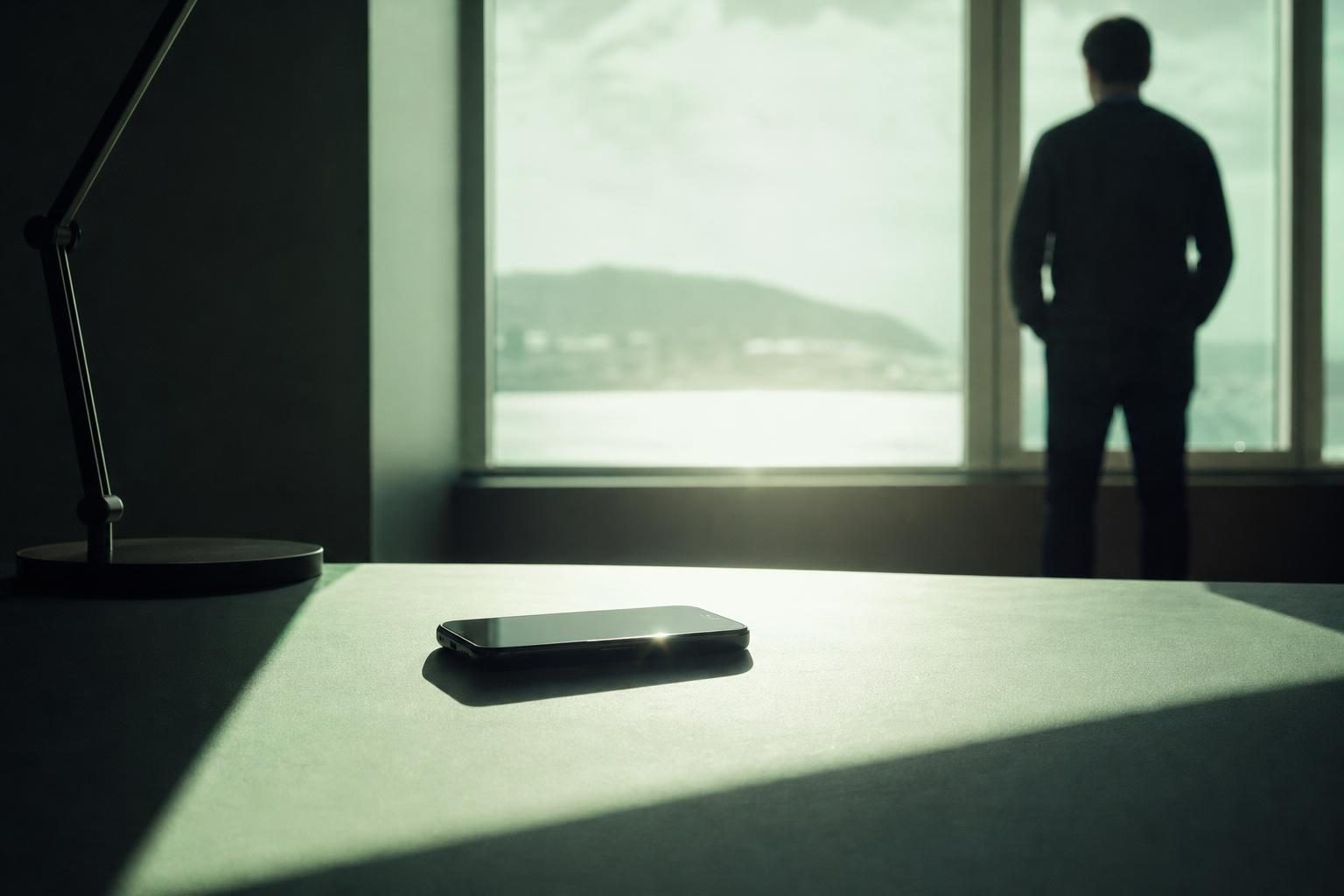 A sleek, modern desk sits under a bright, expansive window, with a single smartphone resting on it, casting a long shadow as sunlight pours in, symbolizing the promise of streamlined connections.