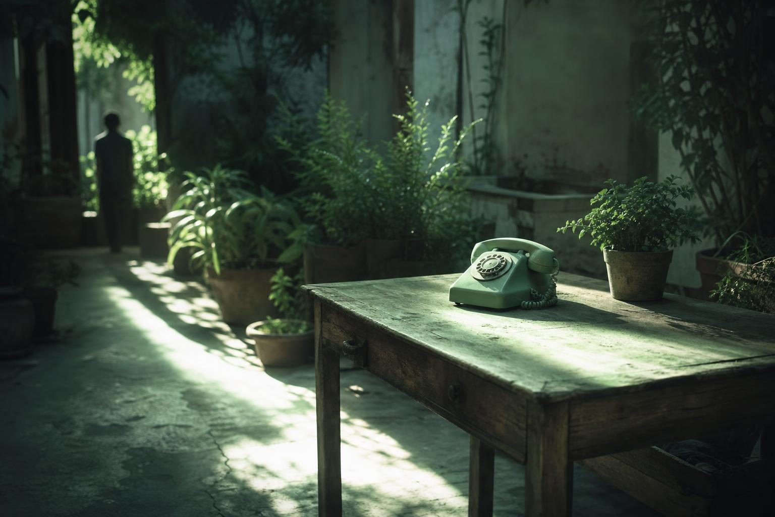 A single, weathered wooden table sits in a sunlit courtyard, surrounded by vibrant potted plants, with a vintage phone resting on the table, symbolizing connection and communication in a thriving local environment.